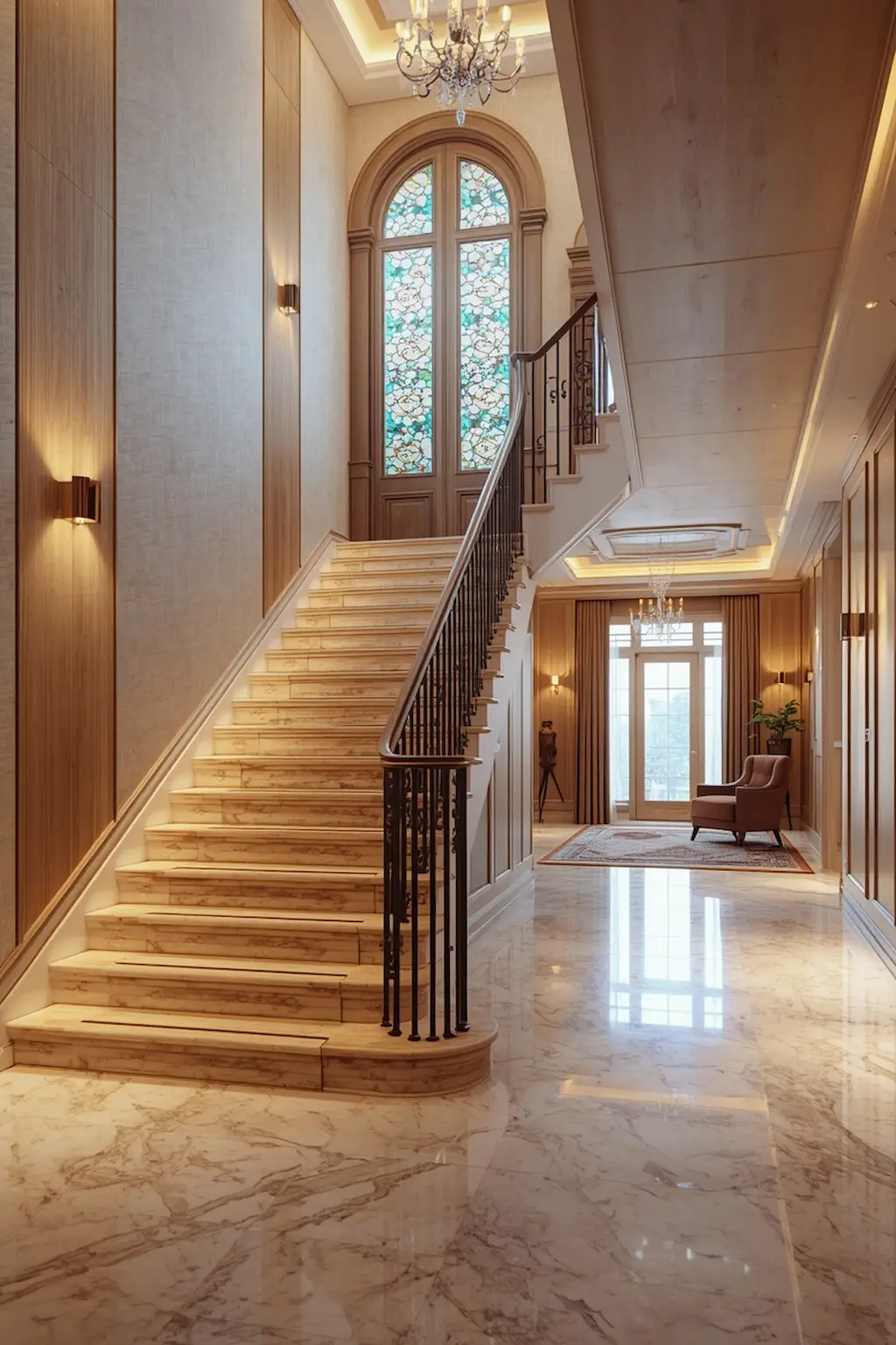 Bright Scandinavian staircase with light oak steps, white walls, and glass railings