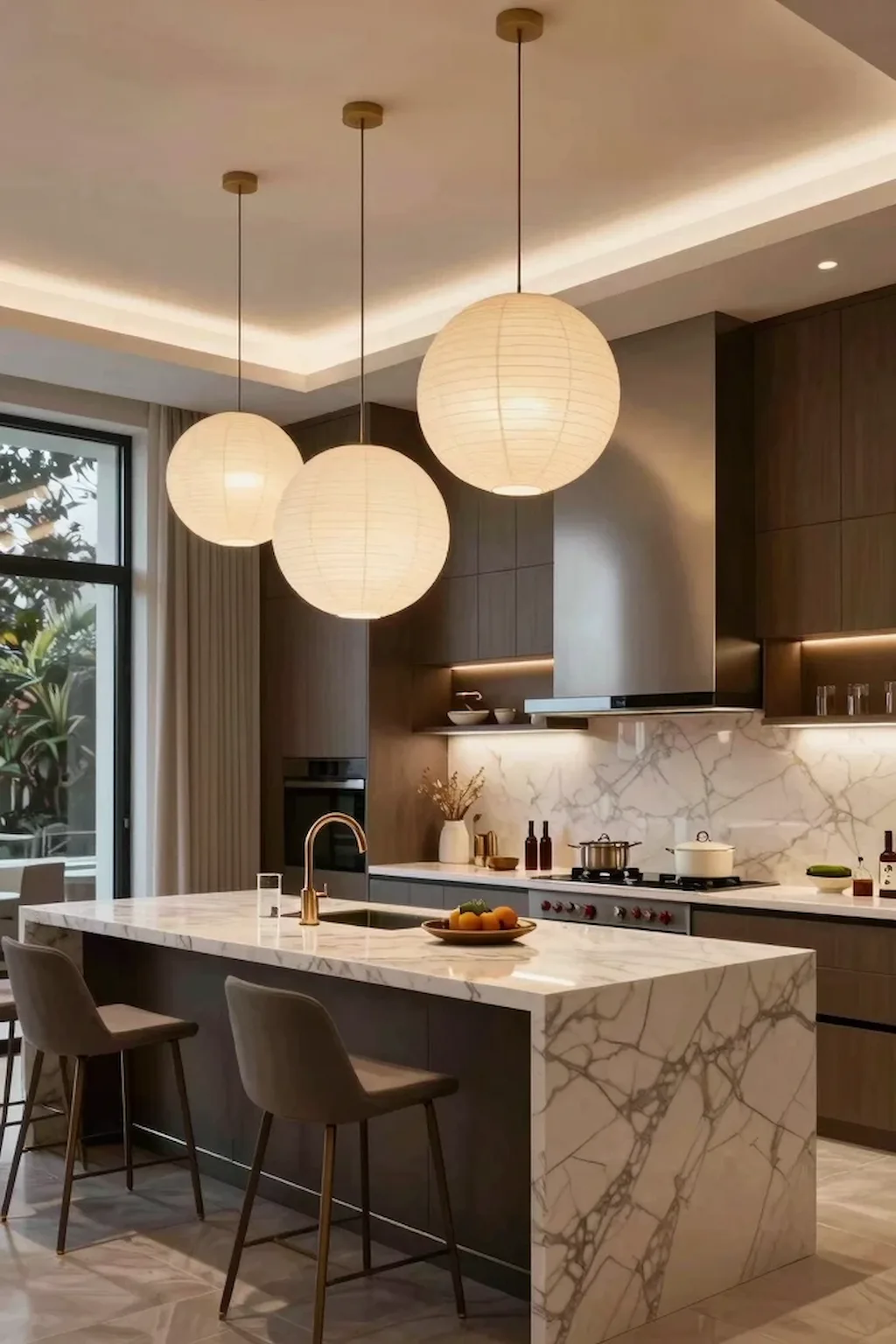 Contemporary open kitchen with oversized pendant lights above the island