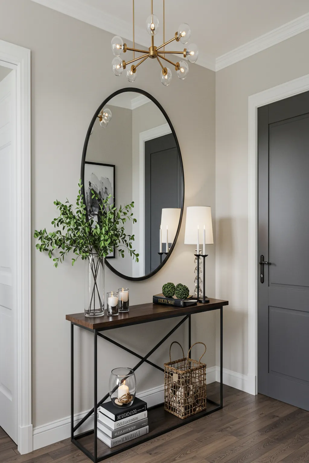 Stylish foyer with oversized mirror and modern console table