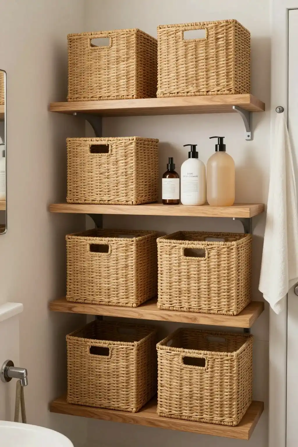 Small bathroom organized with decorative woven baskets for stylish storage