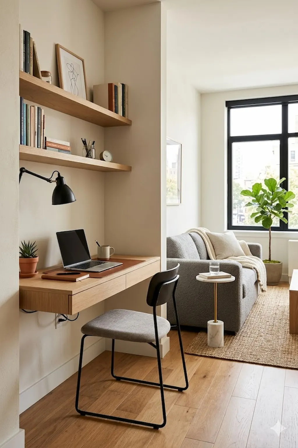 Compact home office setup inside a stylish small studio apartment