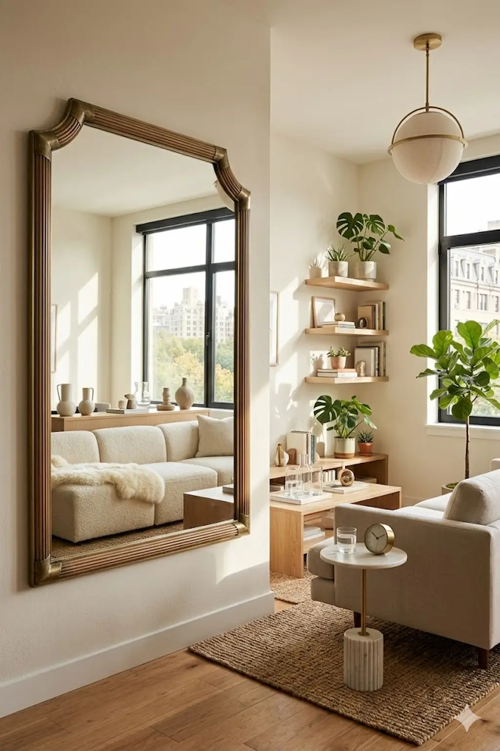 Small studio apartment using oversized mirrors to create a larger feel