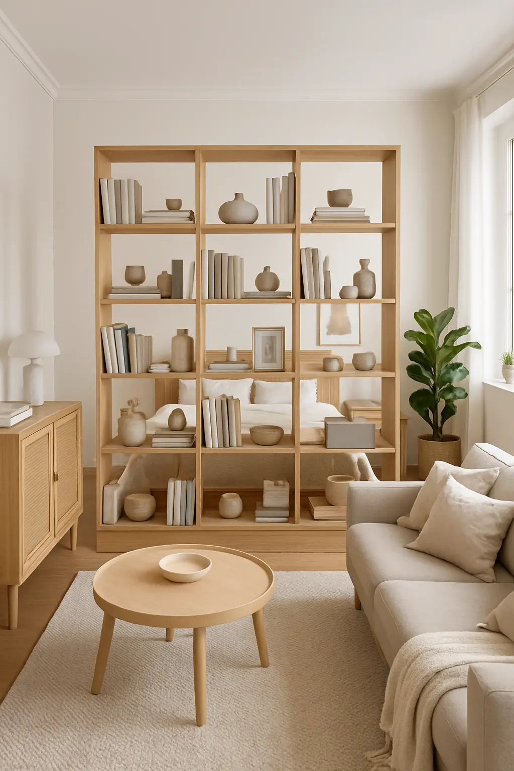 Small studio apartment using bookshelf room divider for stylish zoning