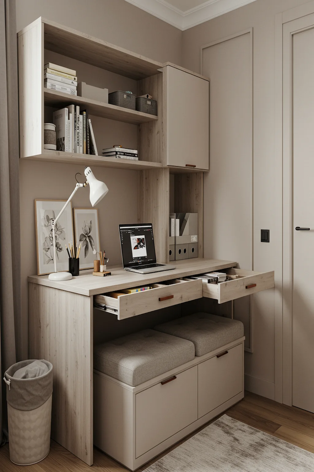 Small study area with desk drawers and concealed storage solutions