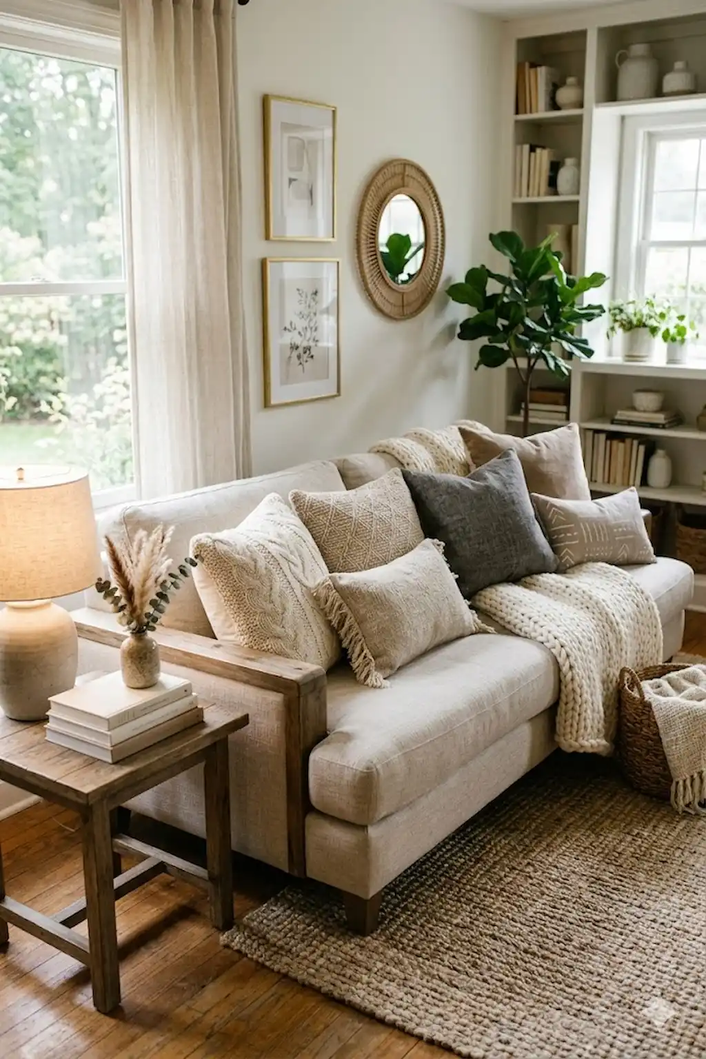 Sofa decorated with layered throw pillows in warm cozy tones