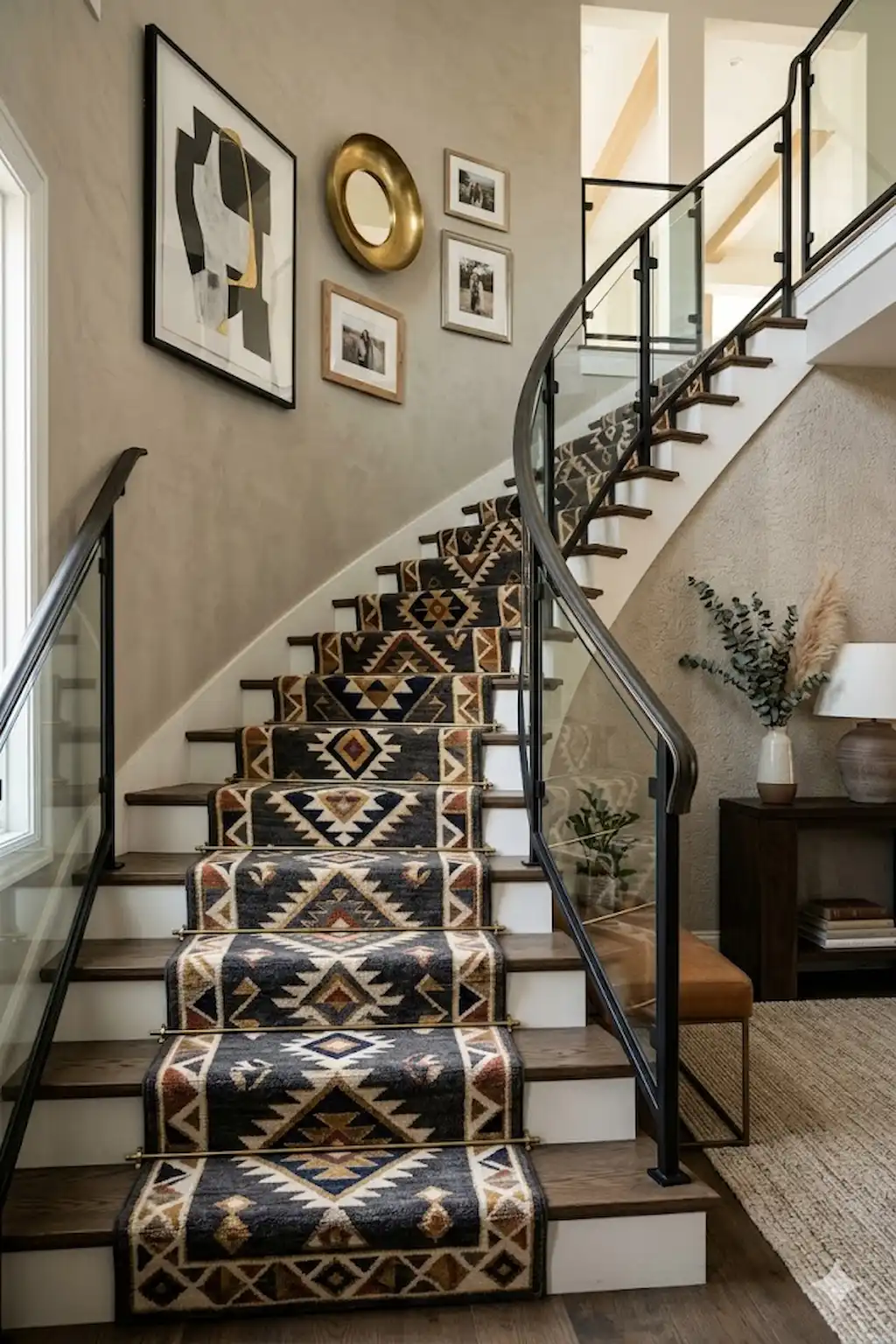 Staircase featuring a bold patterned runner that adds texture and personality