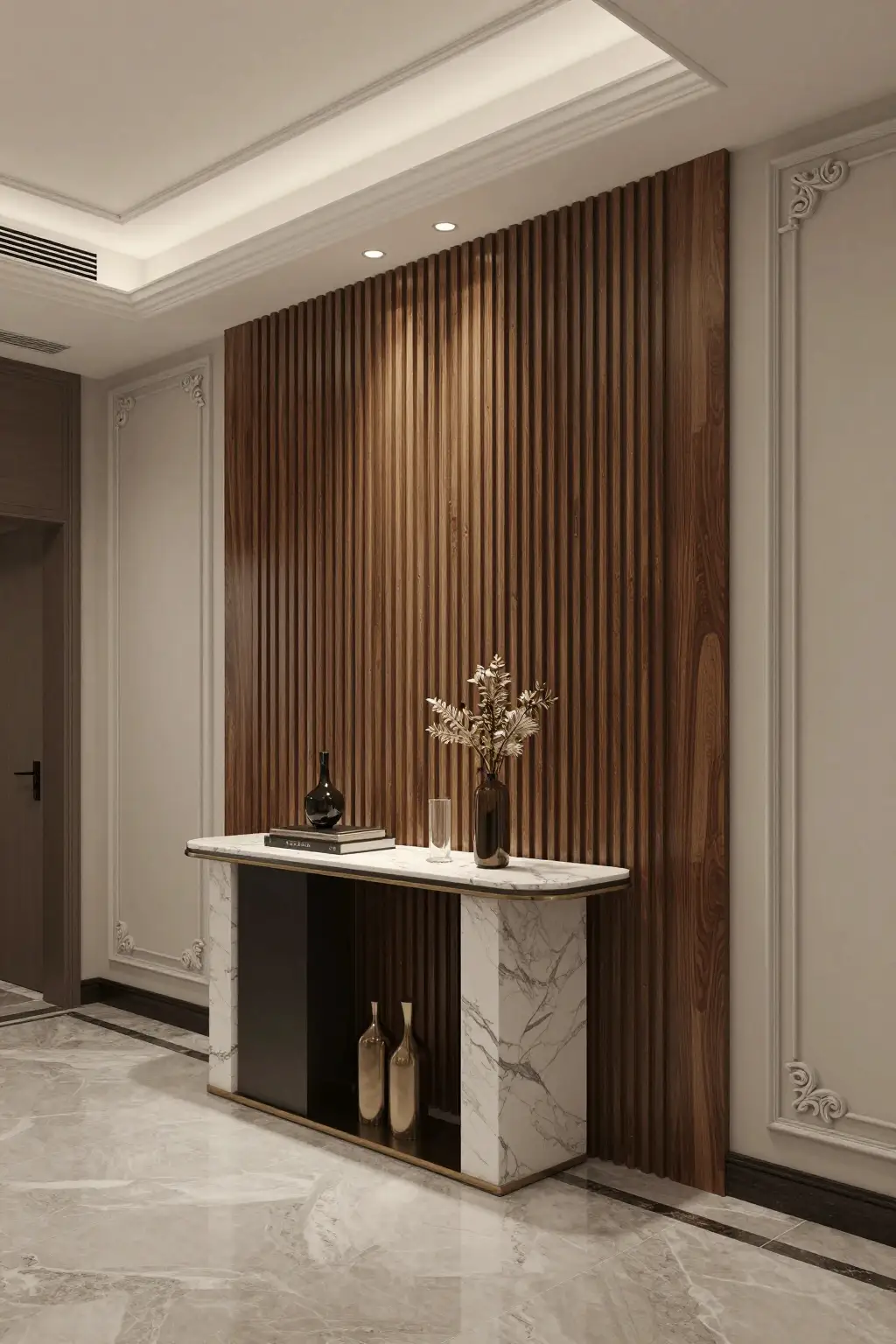 Stylish hallway featuring a statement accent wall with decorative texture and color
