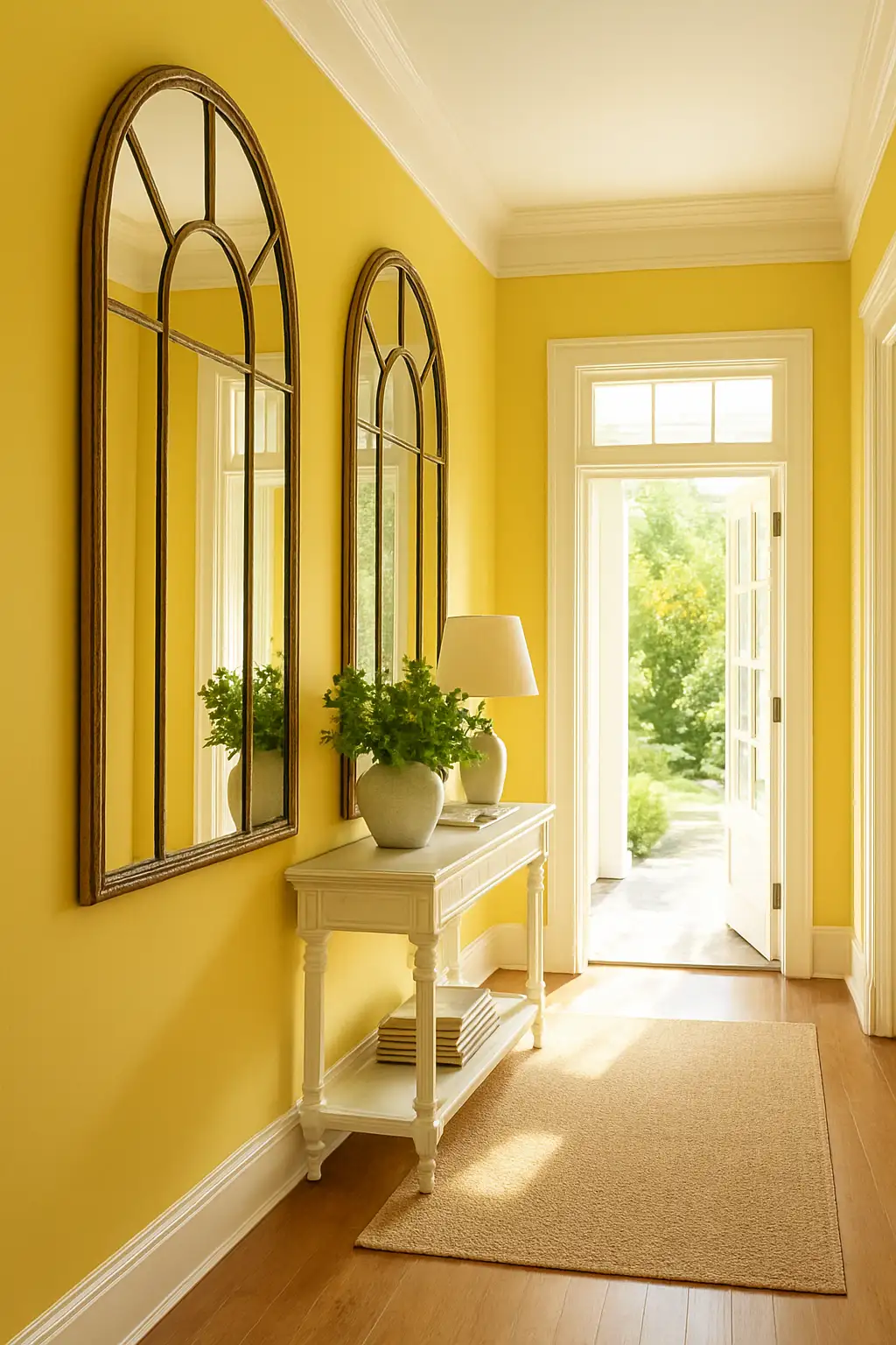 Bright yellow hallway featuring oversized mirrors that reflect light and create spaciousness