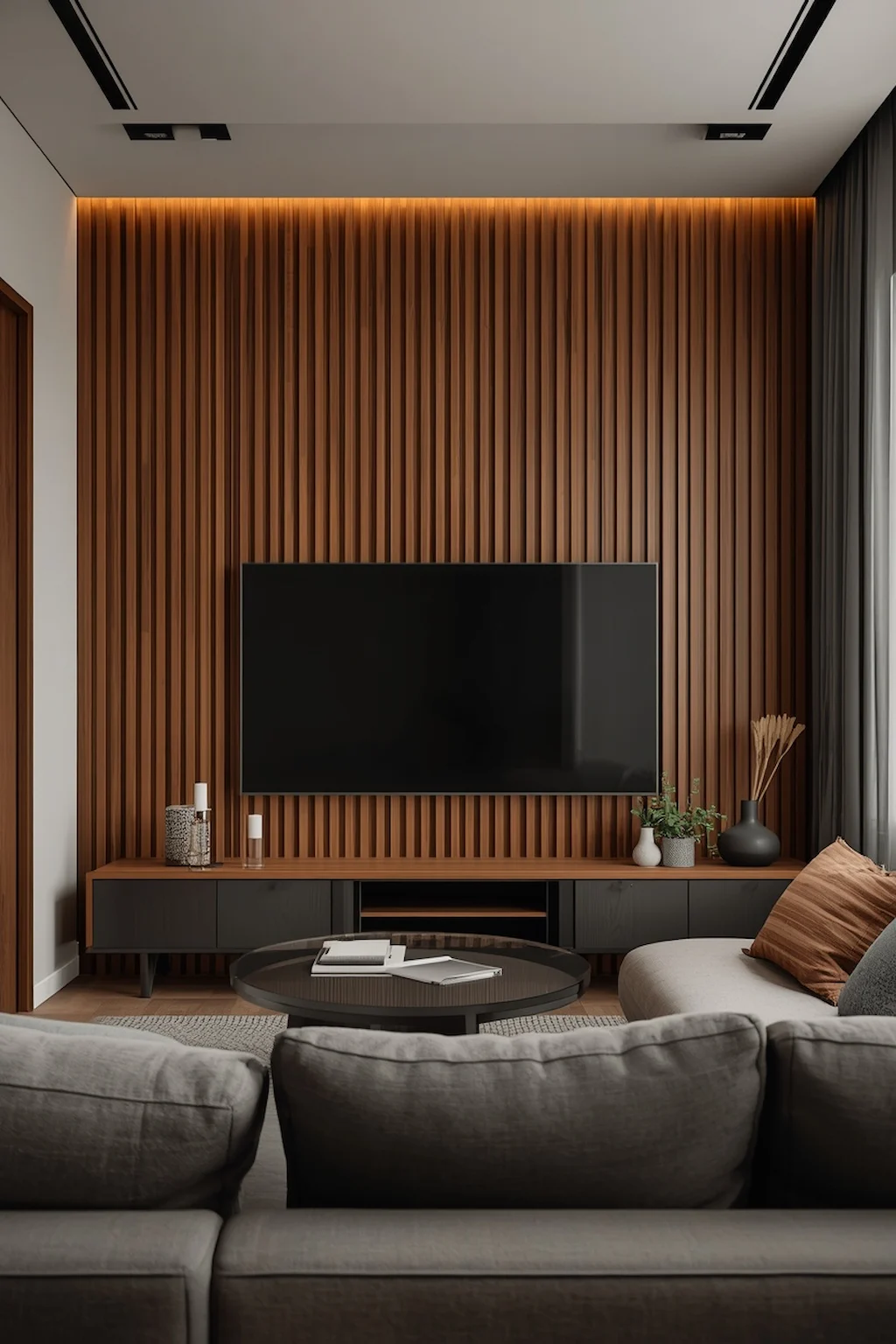 Small TV room featuring a stylish accent wall behind the television
