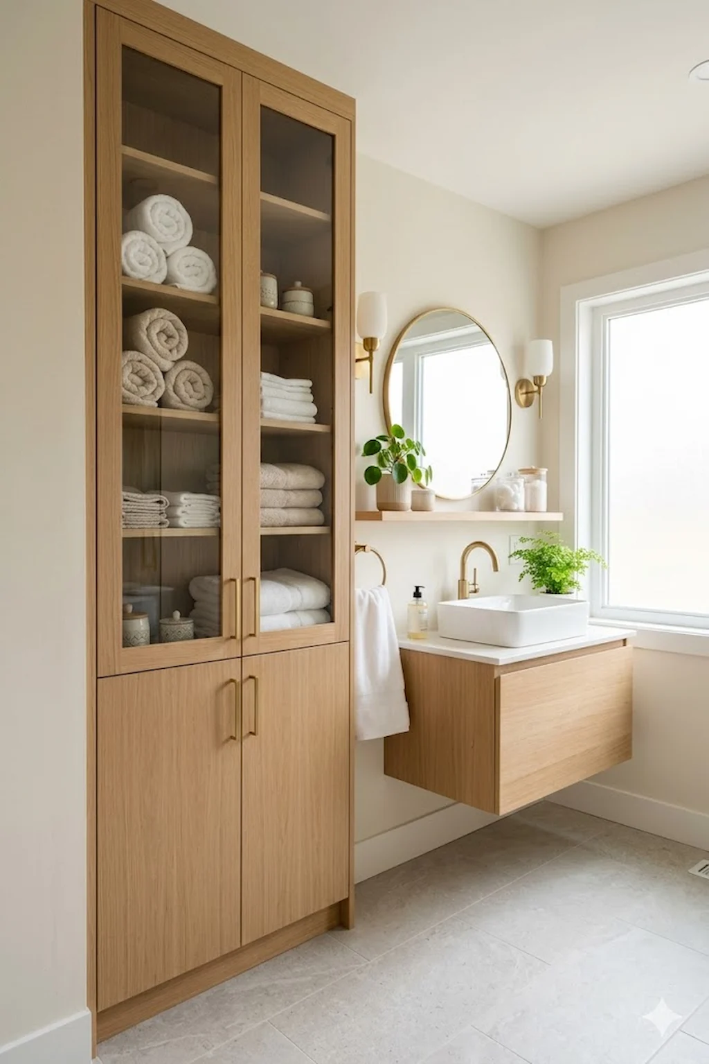 Bathroom with tall storage cabinet neatly organizing towels and toiletries