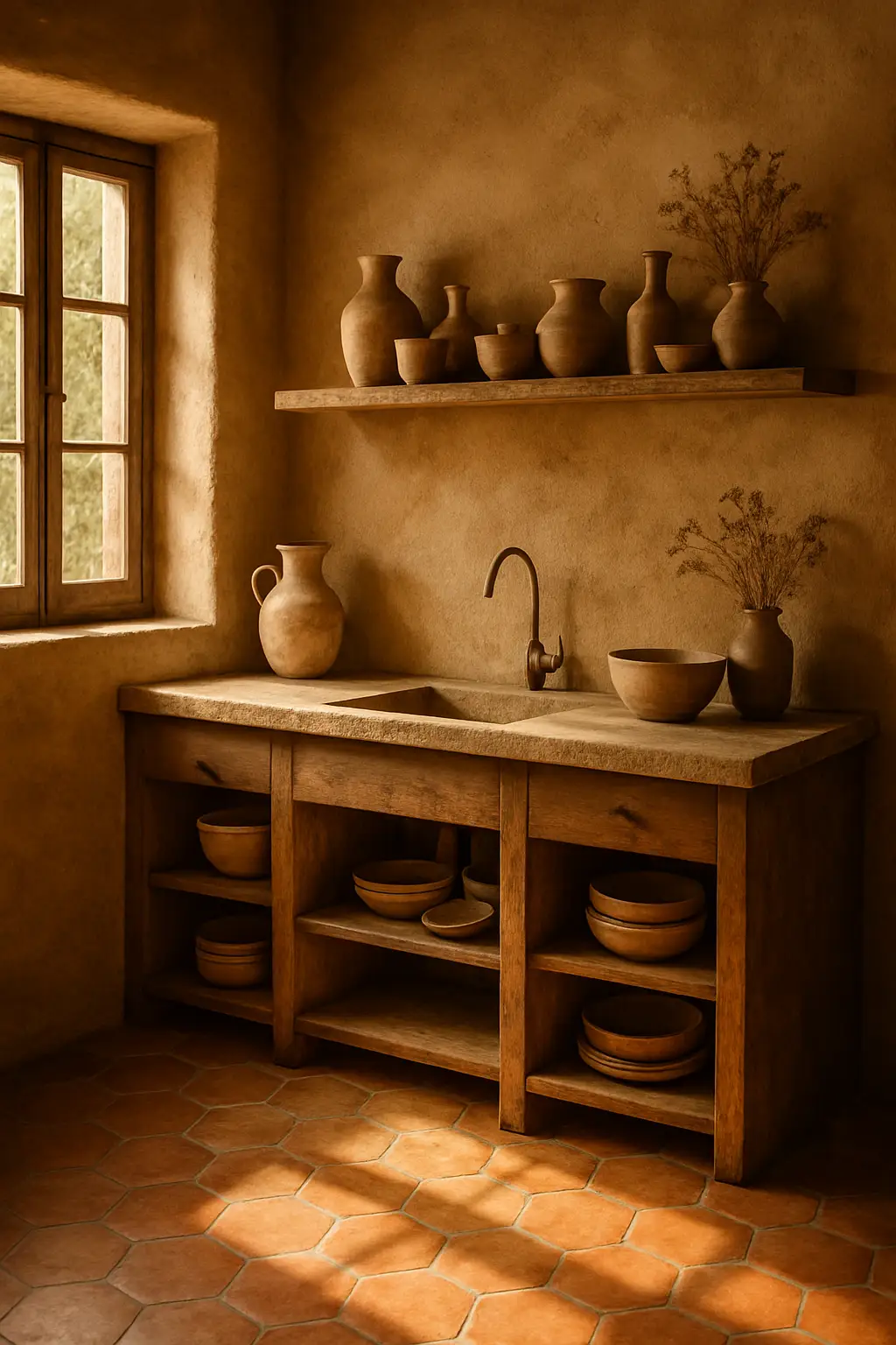 Kitchen with clay-toned walls, terracotta flooring, and handmade decor