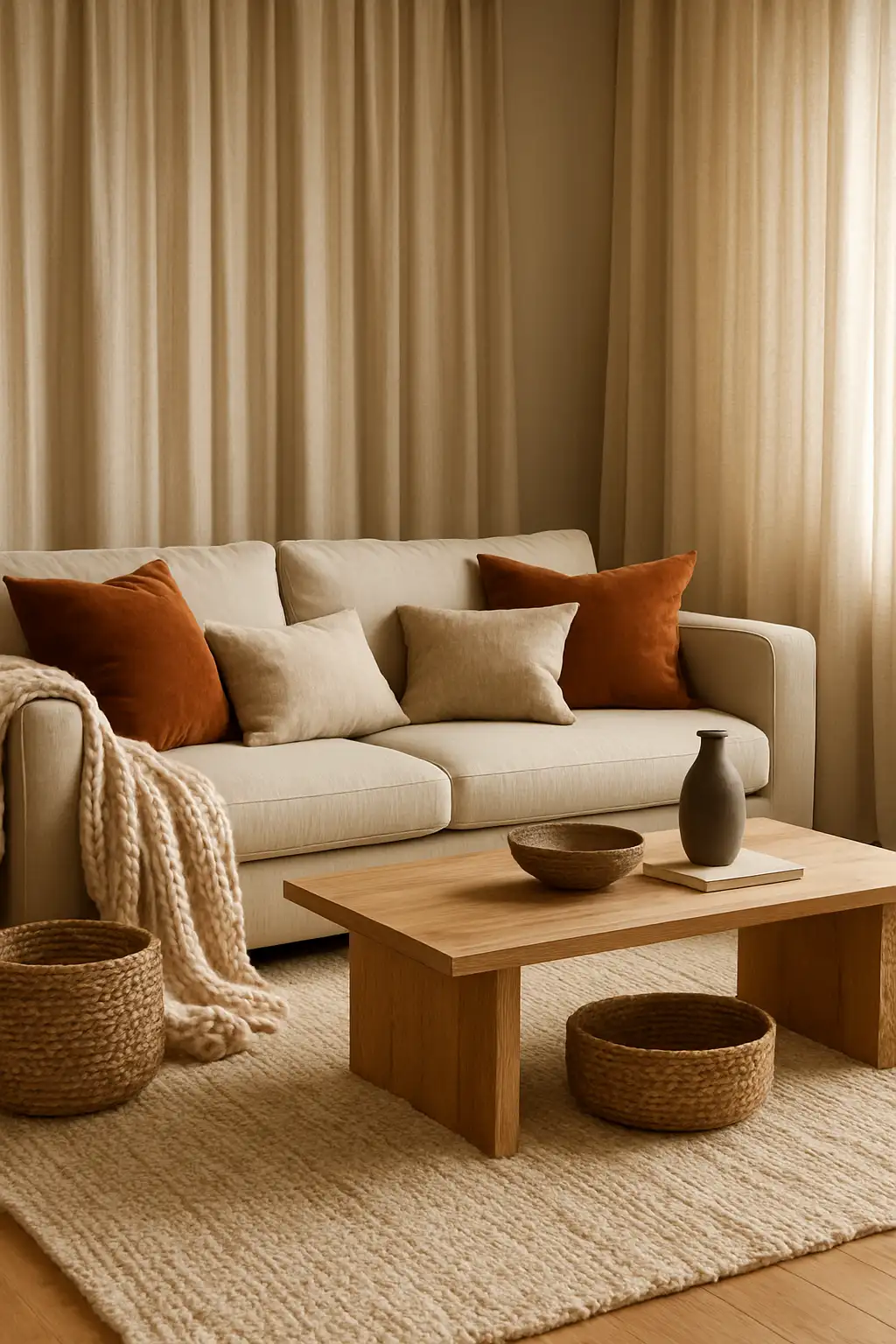 Cozy living room filled with layered textures and soft furnishings