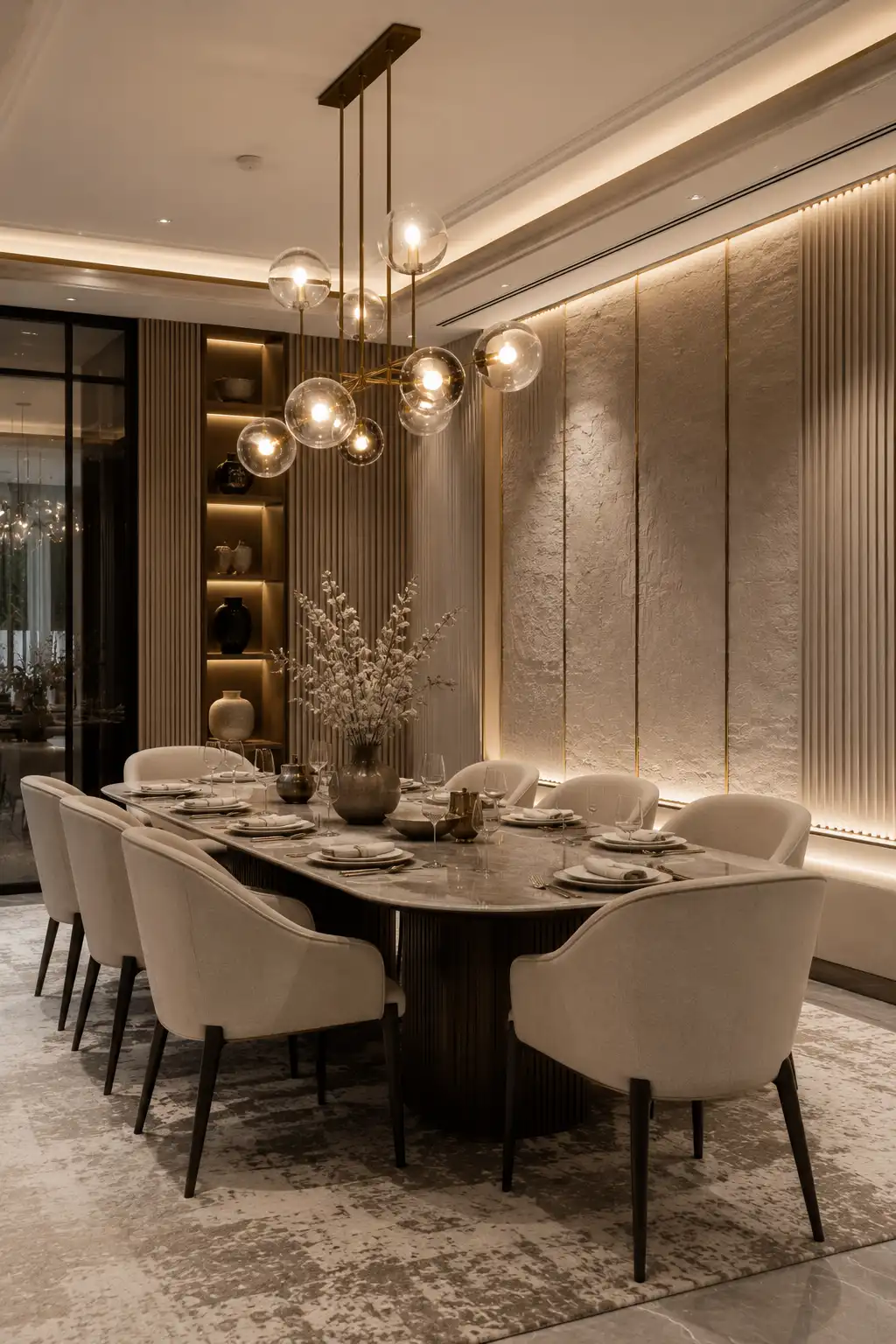 Modern dining room with decorative textured wall panels and elegant furnishings