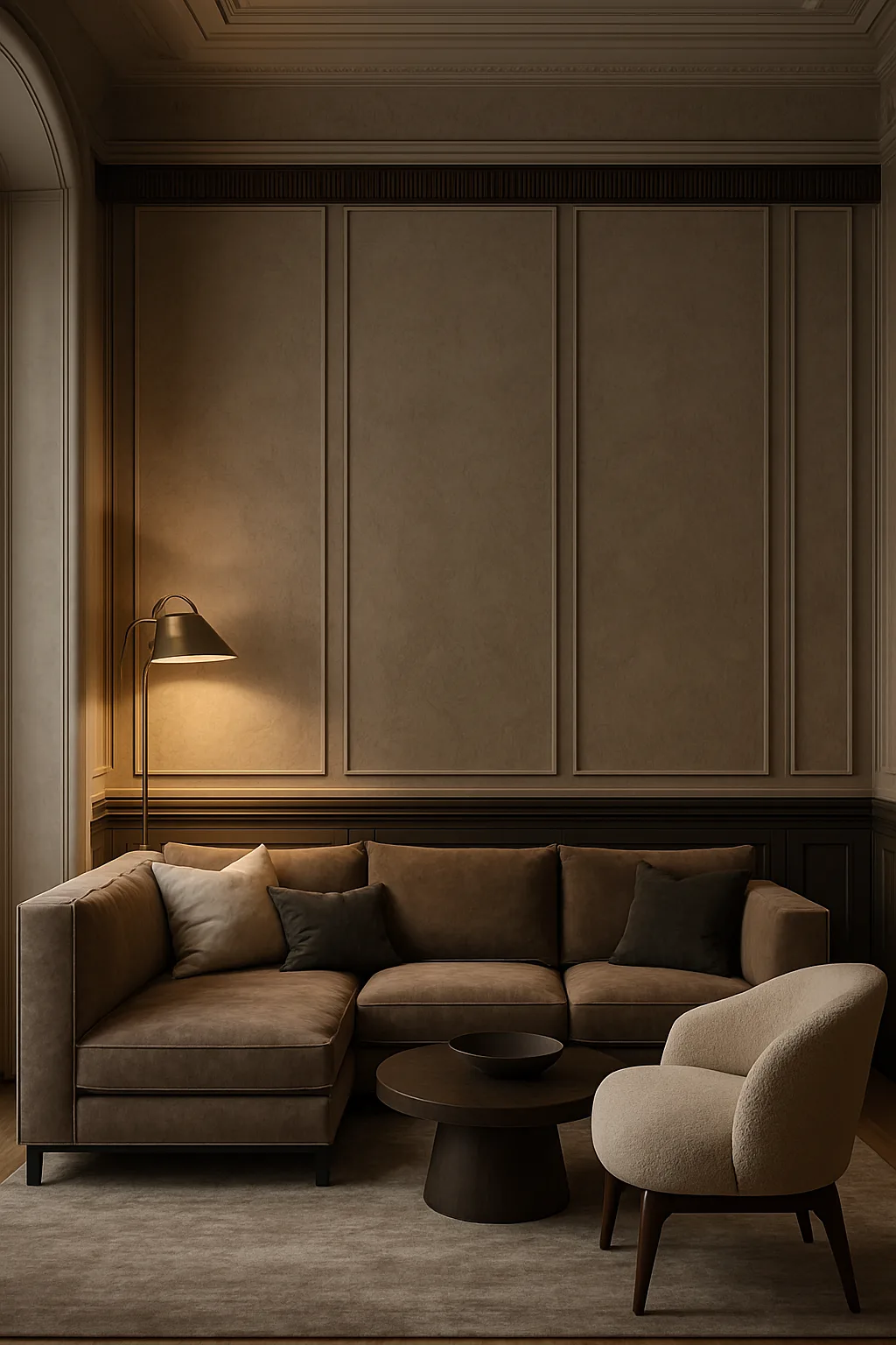 Elegant living room featuring decorative textured wall panels and modern furnishings