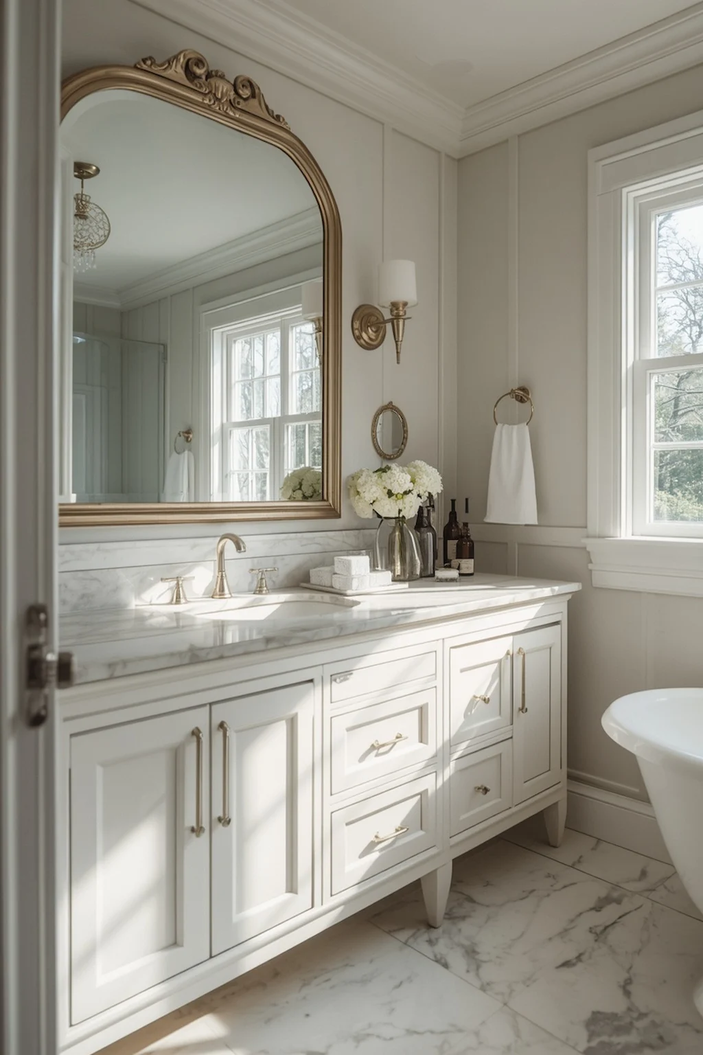 Bright bathroom featuring classic white shaker cabinets with elegant hardware and marble countertop