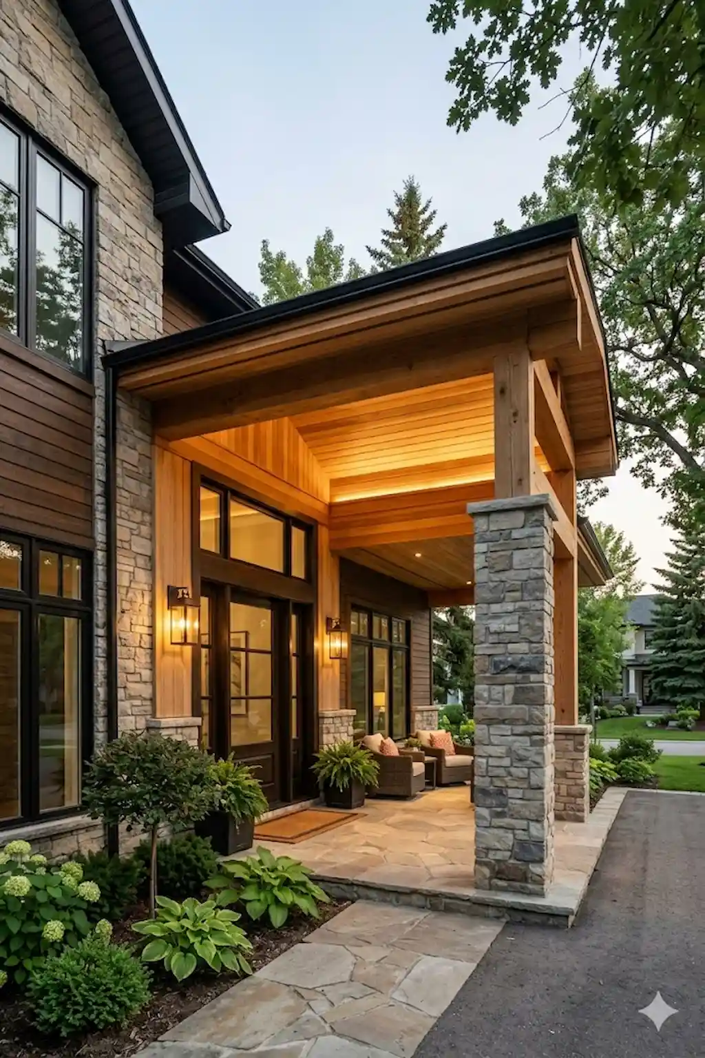 Luxury home exterior with tongue-and-groove wood soffit ceiling details