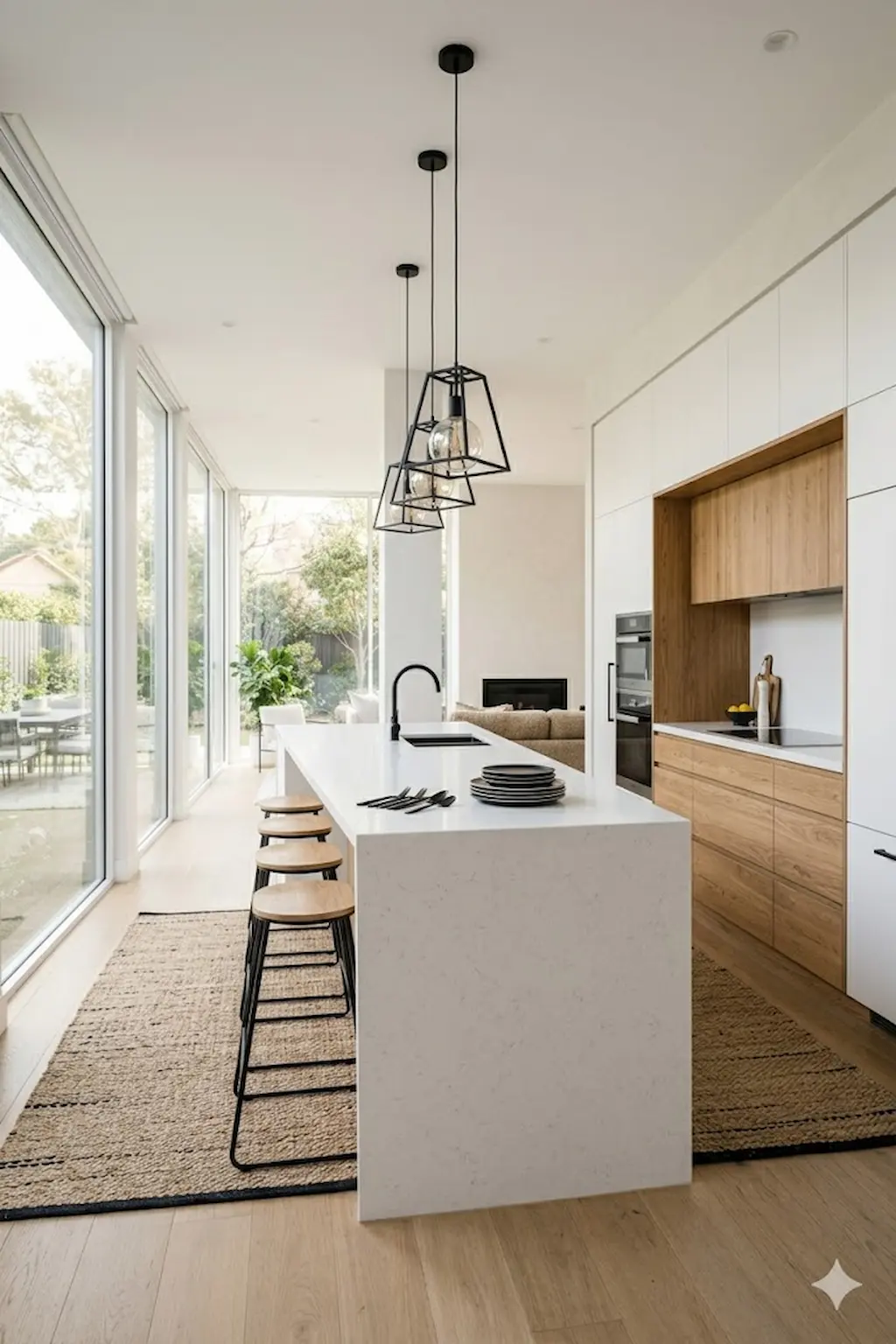 Stylish two-tone kitchen with white upper cabinets and wood lower cabinets