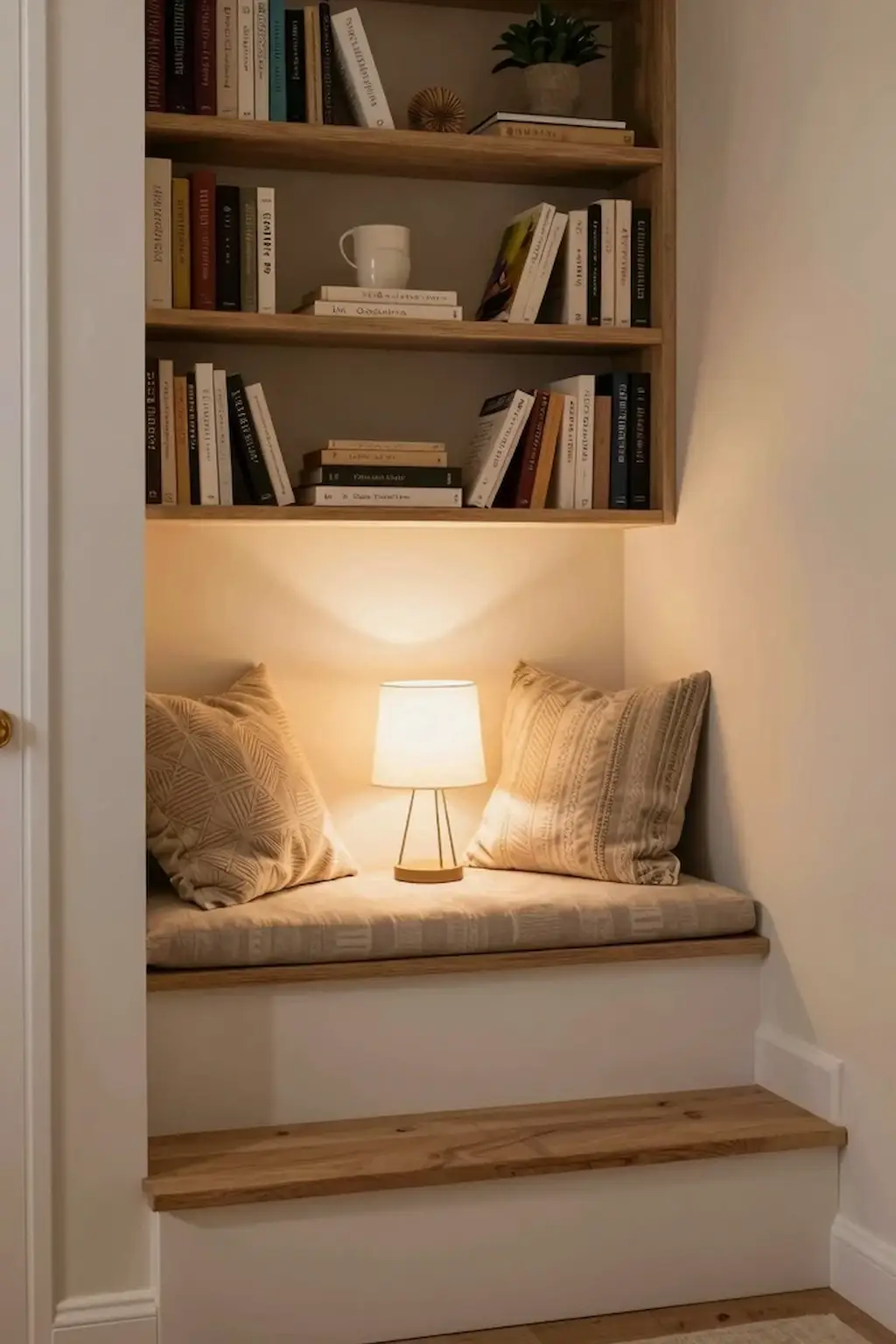 Cozy reading nook built beneath a staircase with bookshelves and comfortable seating