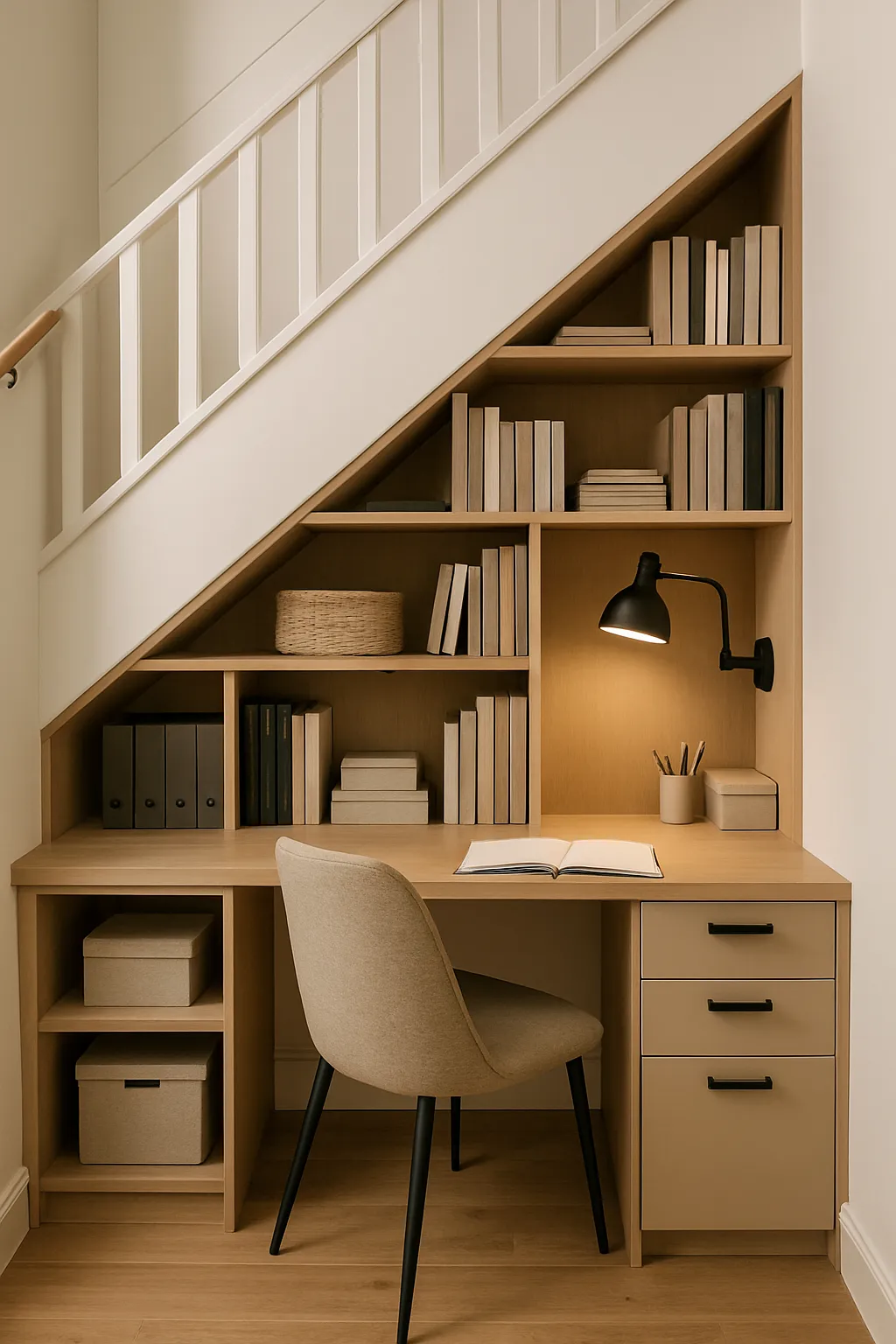 Compact study area built beneath a staircase with custom shelving