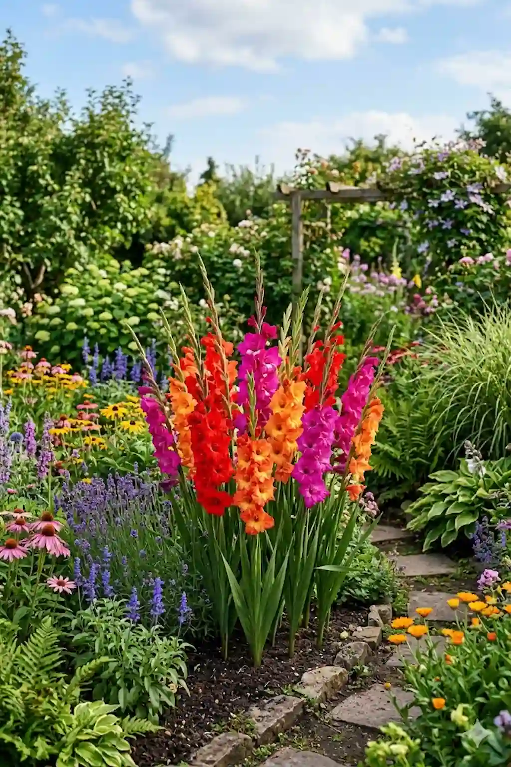 Tall gladiolus flowers serving as a dramatic garden focal point