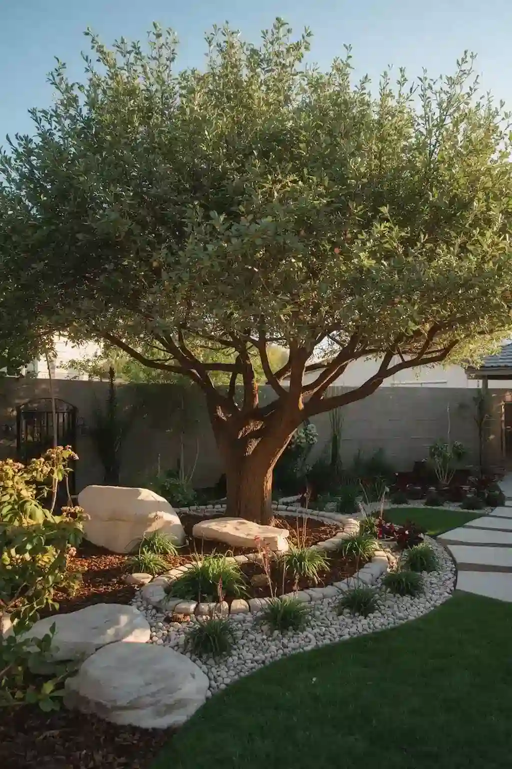Mature pistachio tree showcased as a backyard focal point