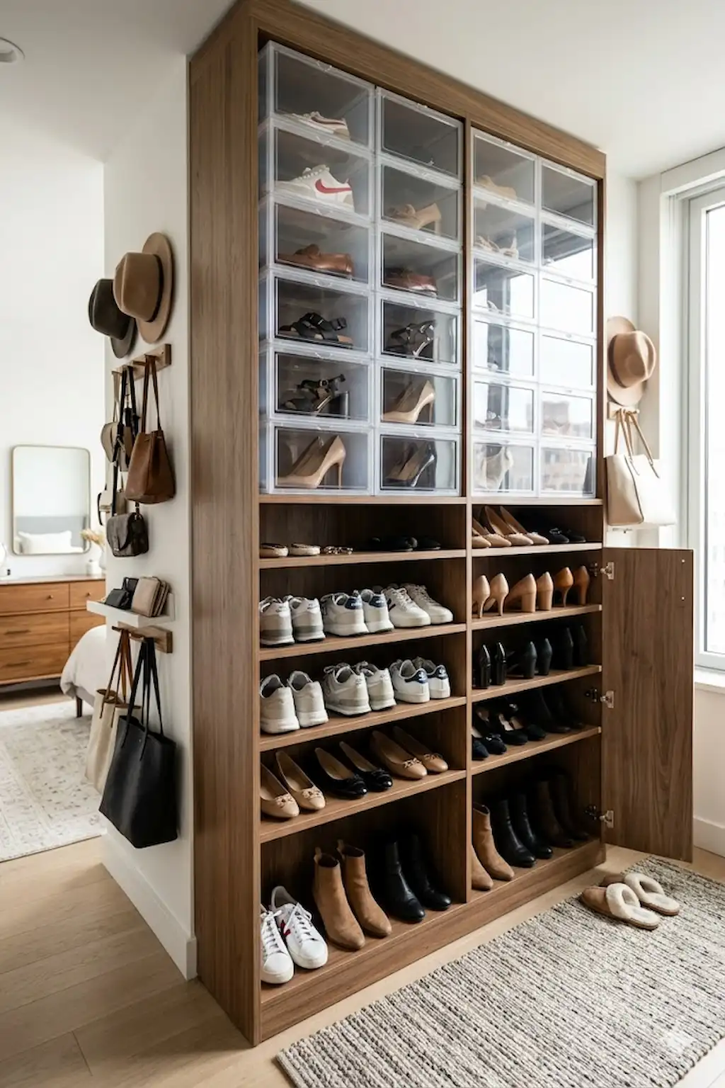 Closet with vertical shoe racks maximizing storage in a small space