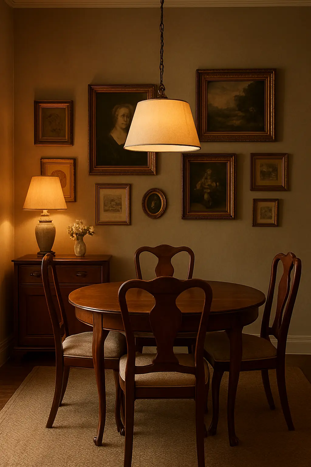 Charming dining room featuring vintage artwork and antique-inspired wall decor