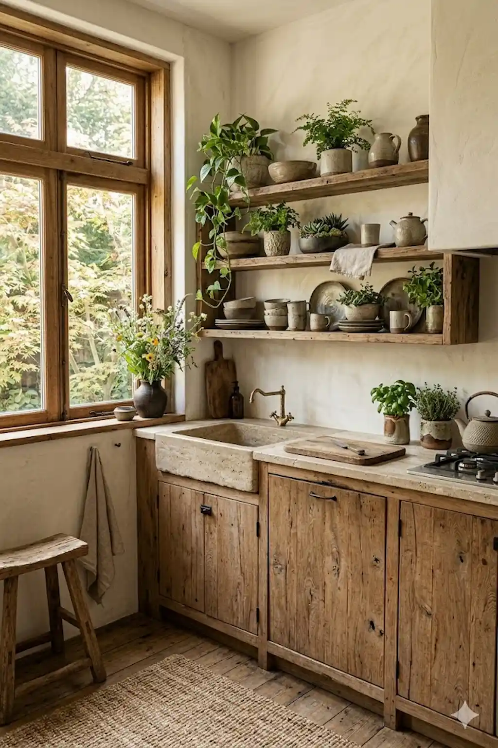Organic kitchen decorated with indoor plants, natural materials, and pottery