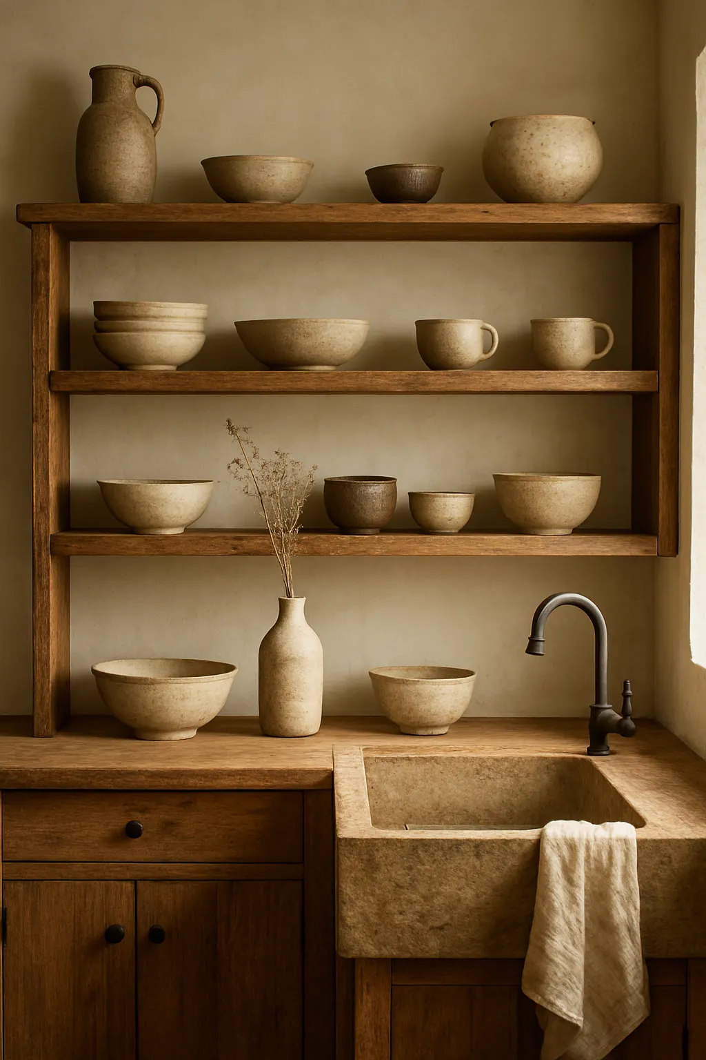 Kitchen with reclaimed wood shelves displaying handmade pottery and ceramics