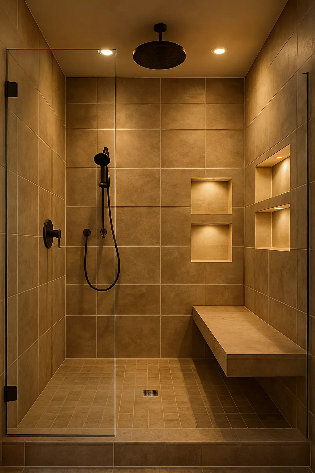 Elegant walk-in shower featuring a built-in bench and luxury finishes