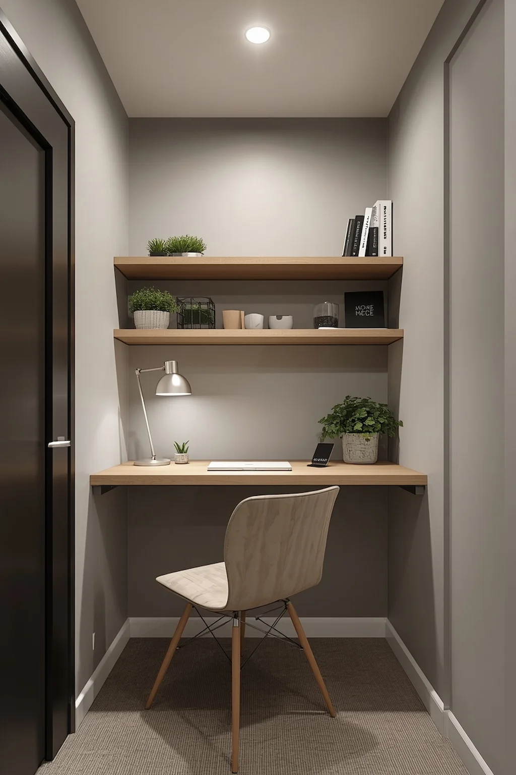 Wall-mounted desk in a compact room with smart storage