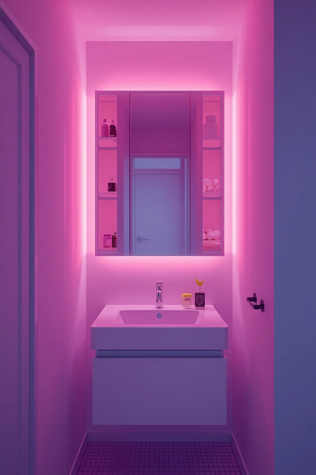 Compact bathroom featuring a mirrored cabinet with hidden storage behind the mirror