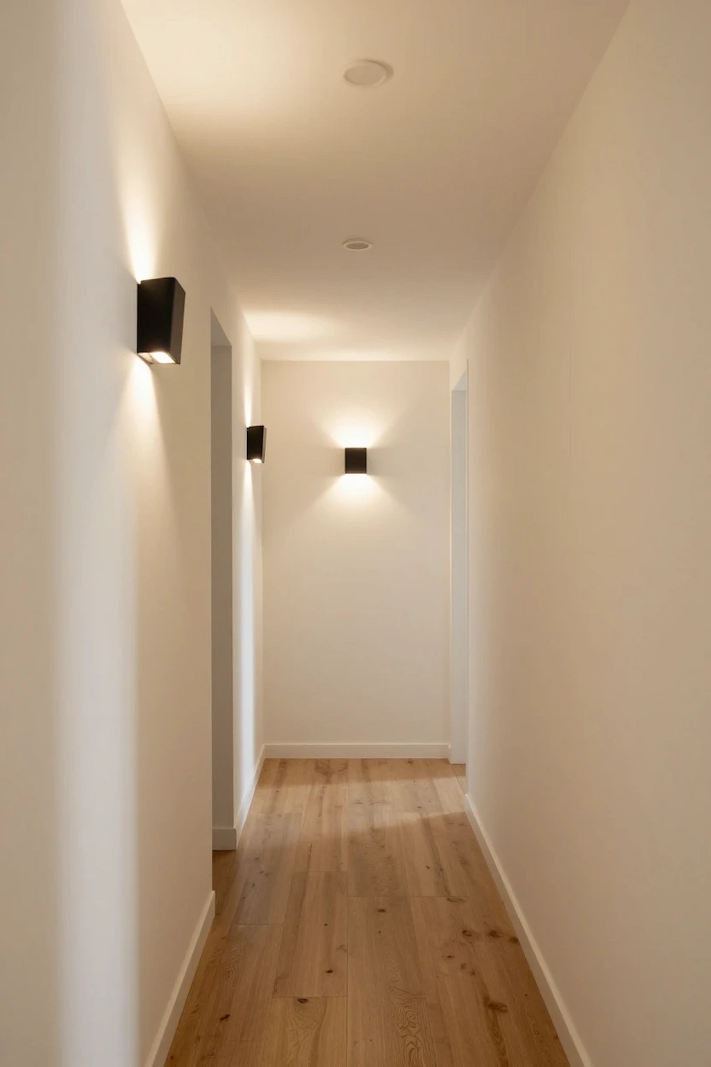 Narrow hallway illuminated by elegant wall-mounted sconces