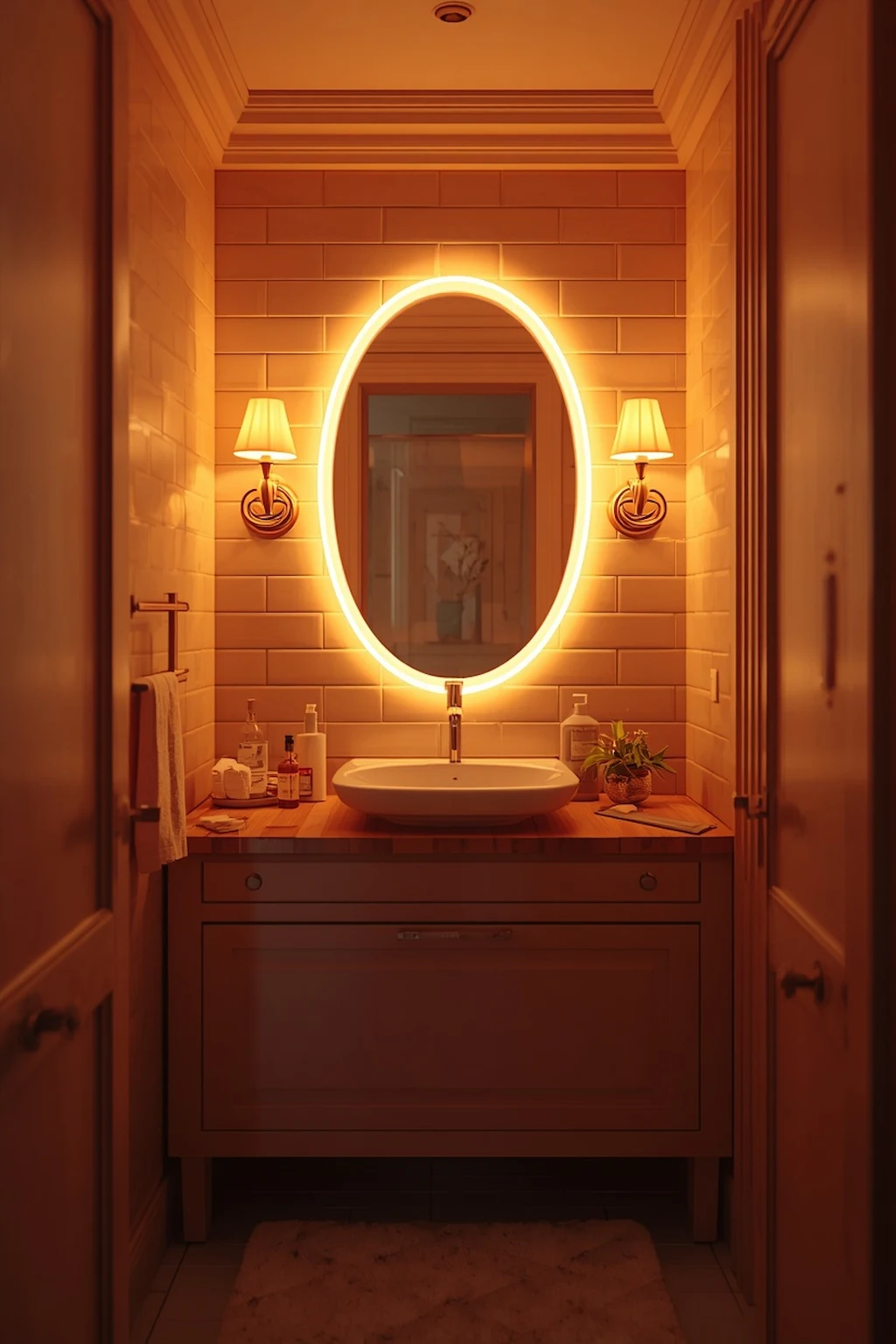 Small toilet room illuminated with warm lighting creating a welcoming atmosphere