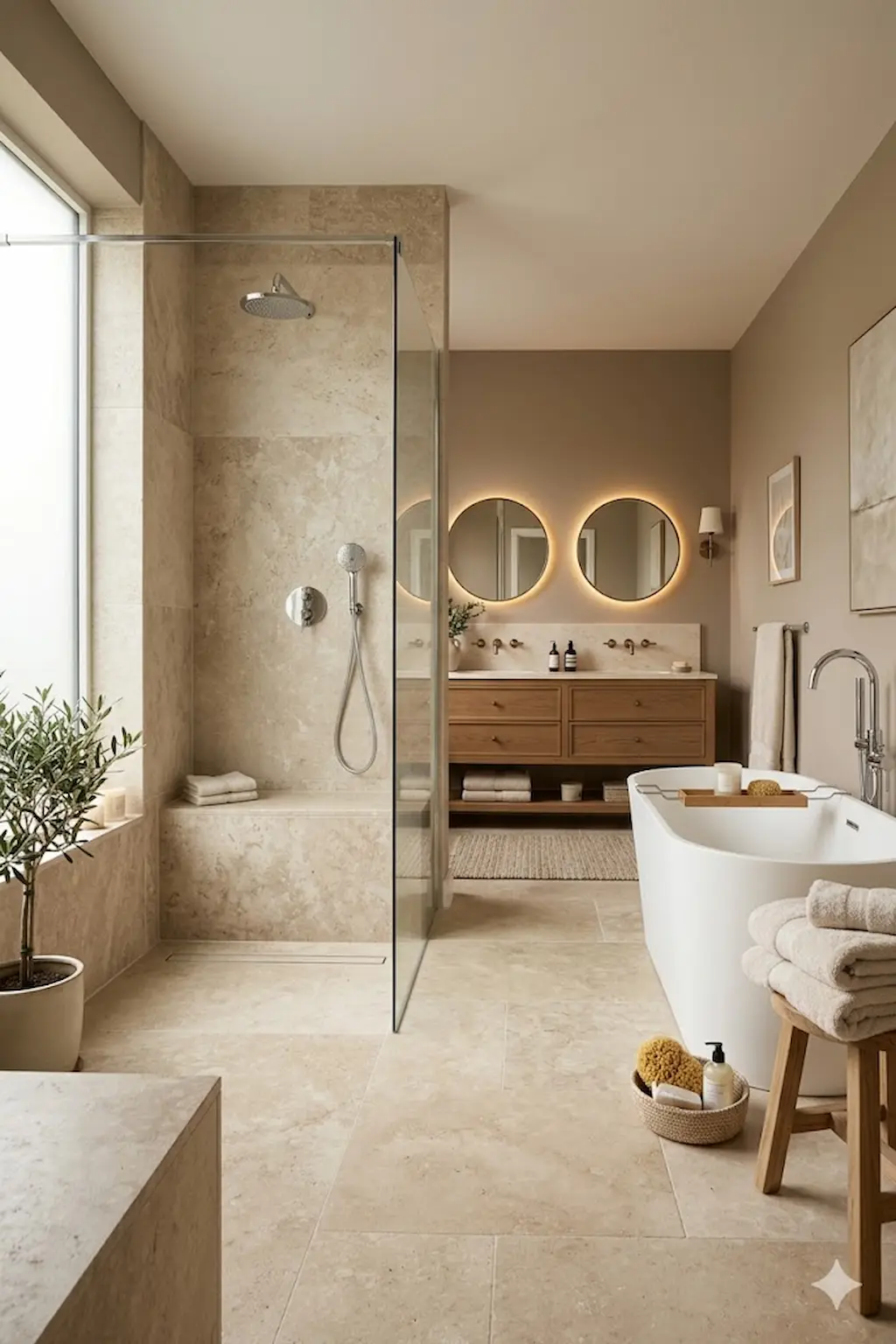 Neutral beige bathroom with elegant curbless shower and calming atmosphere