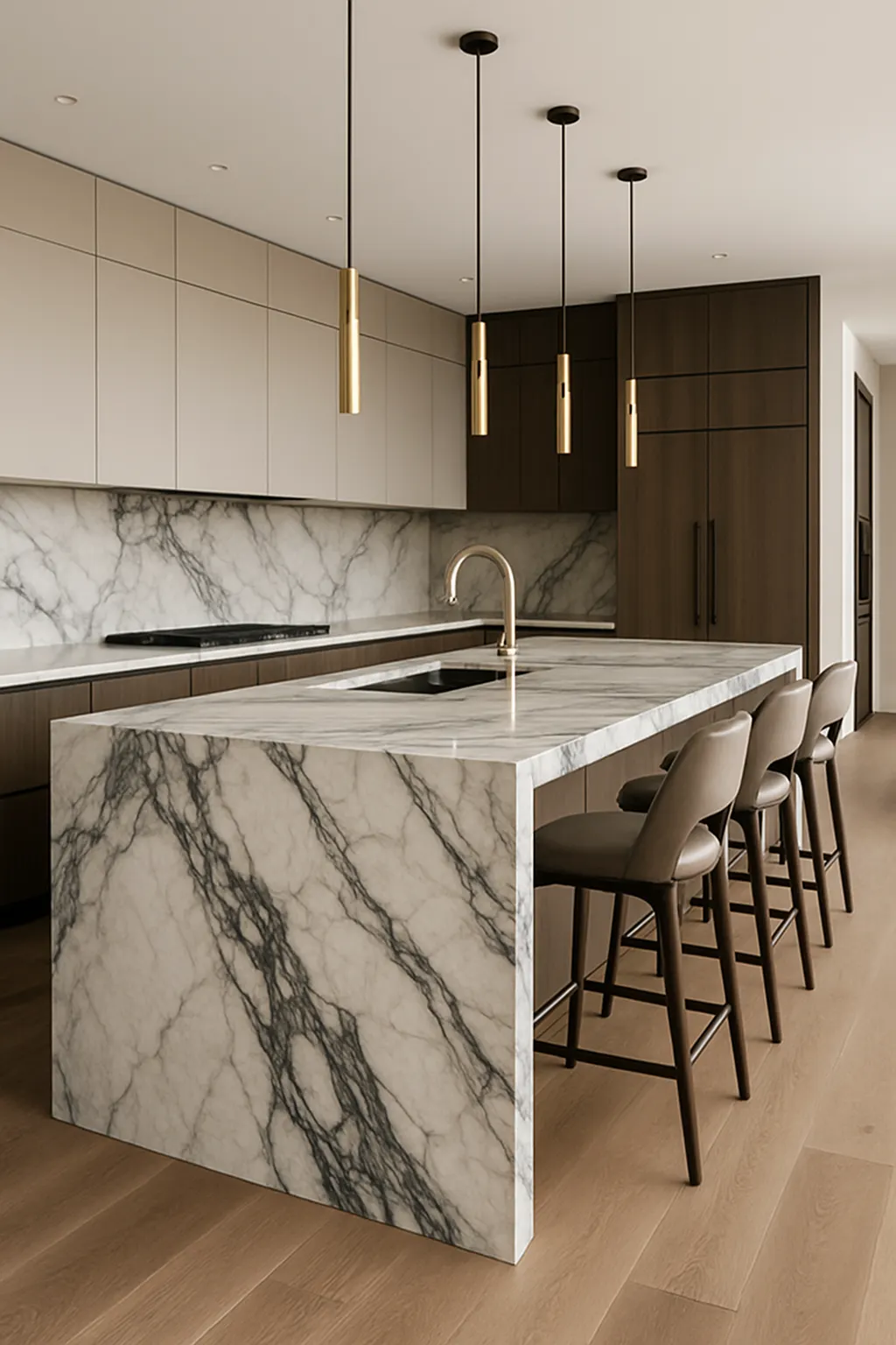Modern kitchen featuring a dramatic marble waterfall island.
