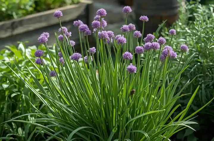 Fresh green chives growing in a garden container with purple flowers and kitchen herbs