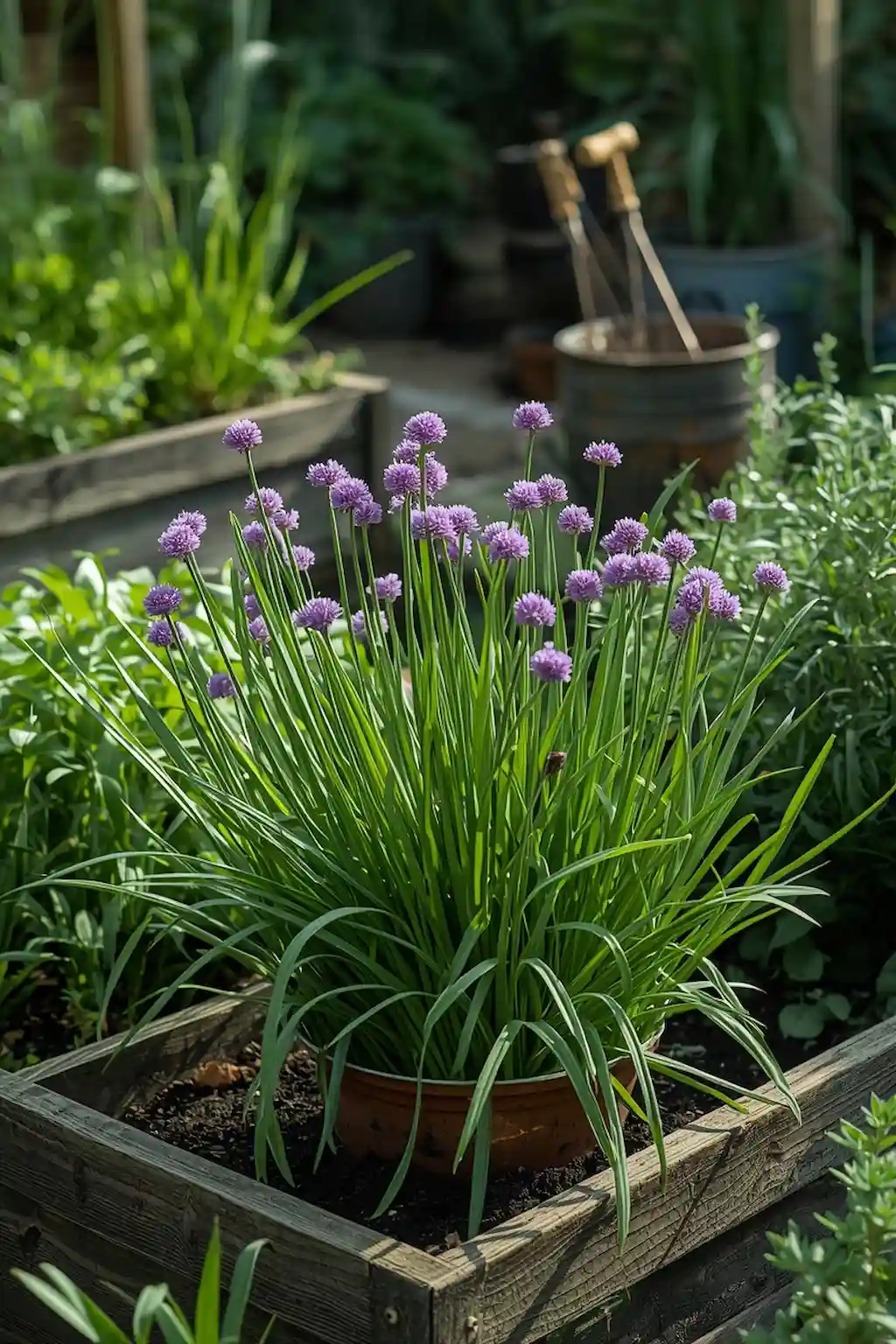 Fresh green chives growing in a garden container with purple flowers and kitchen herbs