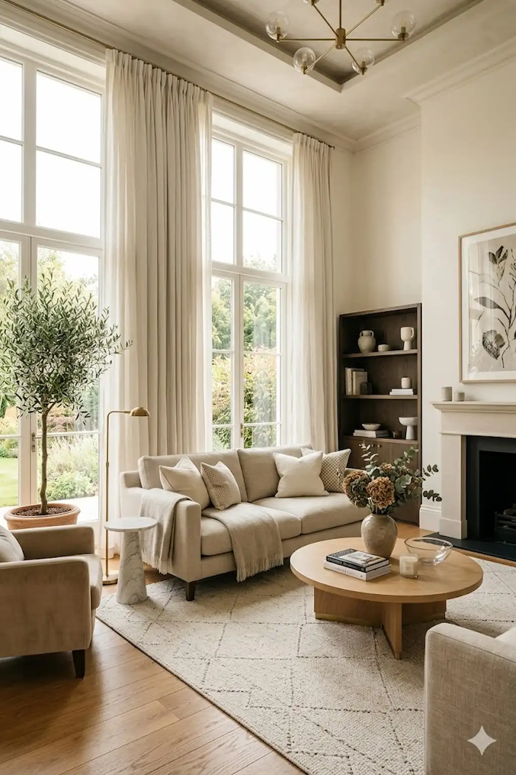 Living room with floor-to-ceiling curtains and large bright windows