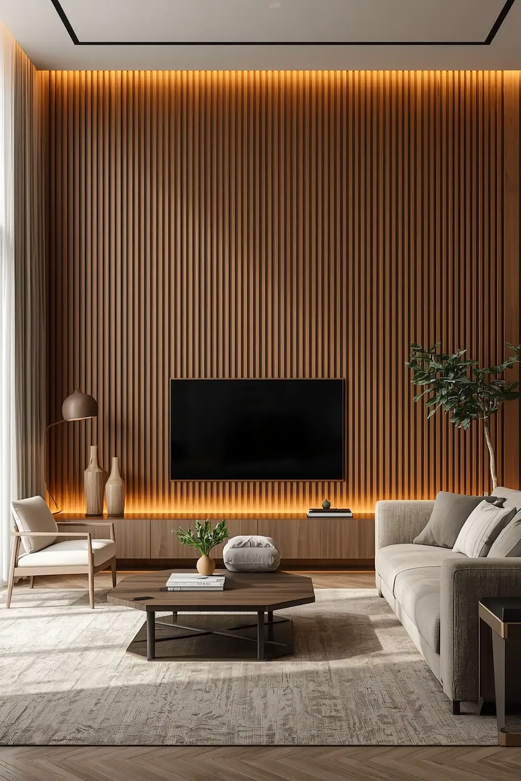 Living room featuring a modern wood slat accent wall behind the sofa