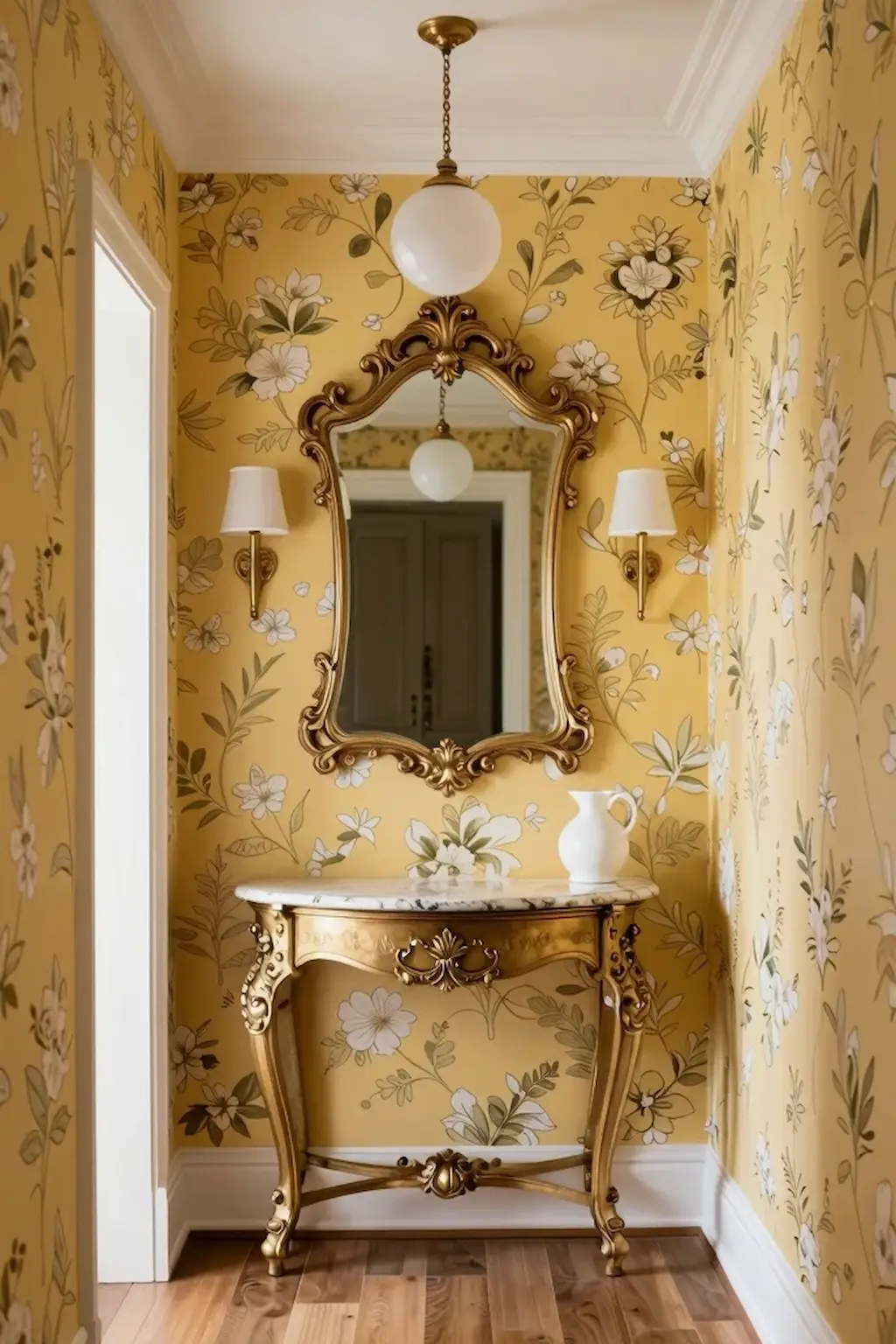 Stylish yellow hallway featuring patterned wallpaper with elegant decorative details