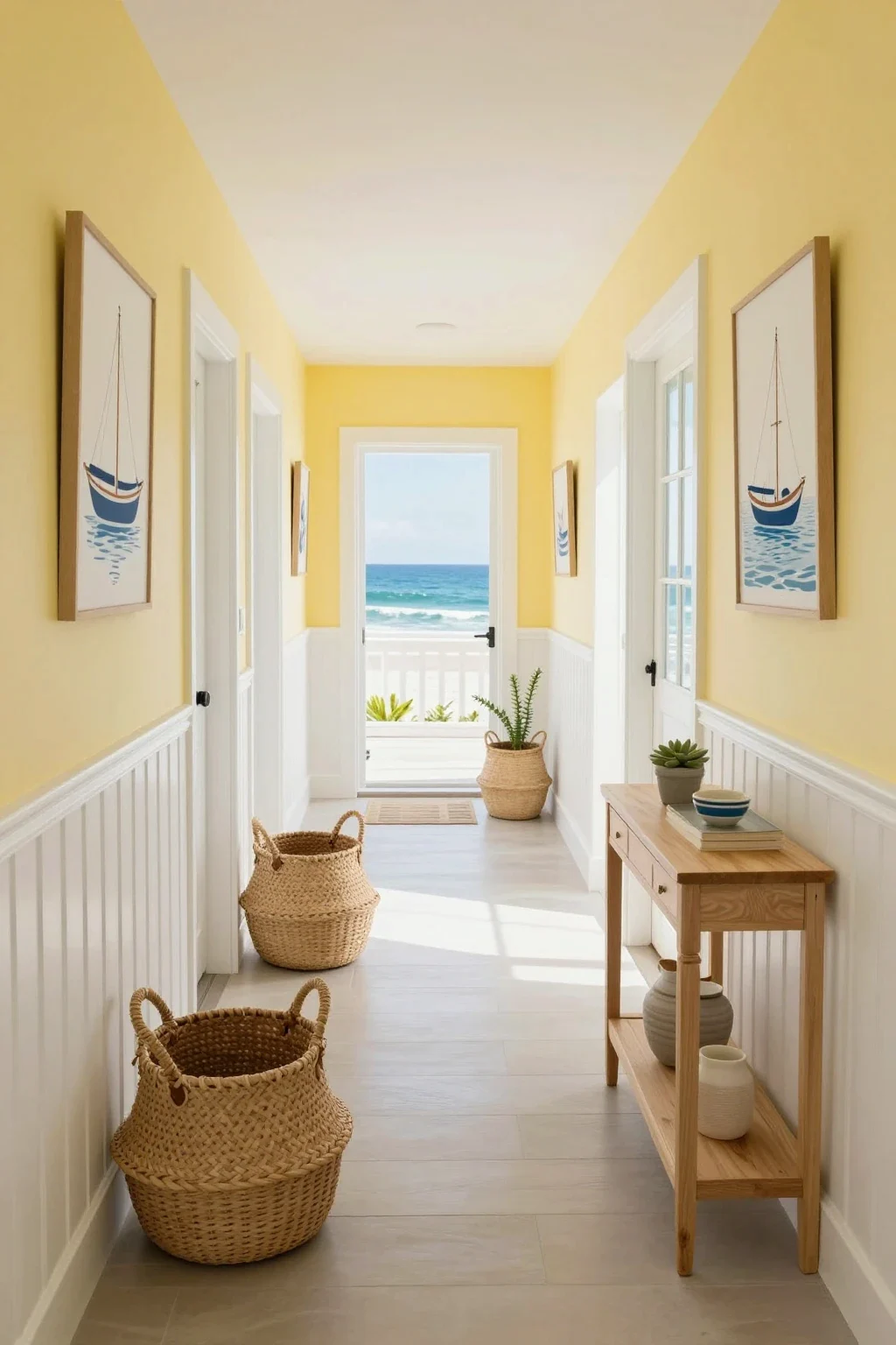 Coastal-inspired entryway featuring yellow walls, white wainscoting, and woven decor accents