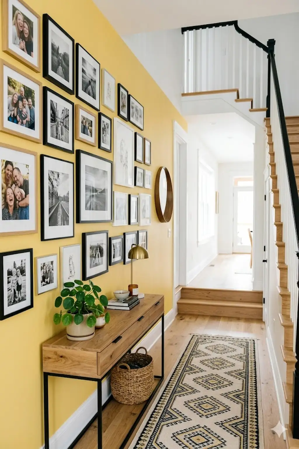 Bright yellow hallway featuring a curated gallery wall with framed artwork and photographs