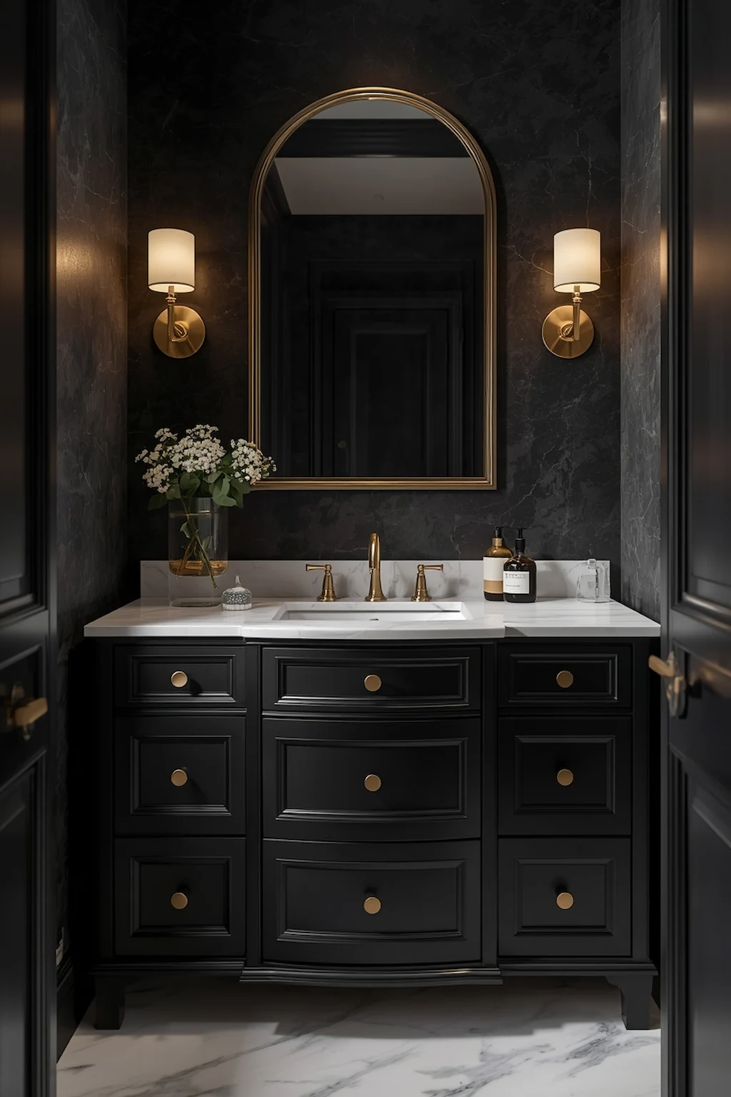 Contemporary bathroom featuring a striking matte black vanity cabinet with modern finishes