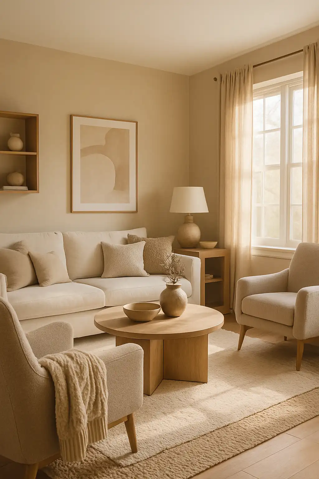 Neutral-toned living room with warm beige walls and cozy decor